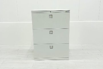 オカムラ レクトライン 中古 3段ラテラル書庫 収納家具 キャビネット スチール書庫 中古オフィス家具 シリンダー錠 800/450/1120 ホワイトの画像