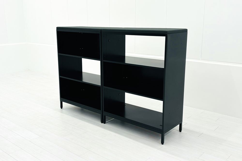 【2台セット】 コクヨ エディア 中古 木目パネル付き オープン書庫 スチールキャビネット 収納家具 中古オフィス家具 ブラック 900/450/1240の画像