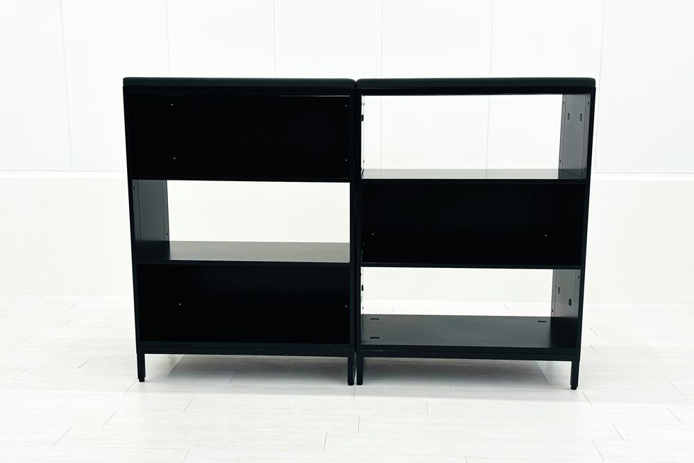 【2台セット】 コクヨ エディア 中古 木目パネル付き オープン書庫 スチールキャビネット 収納家具 中古オフィス家具 ブラック 900/450/1240の画像