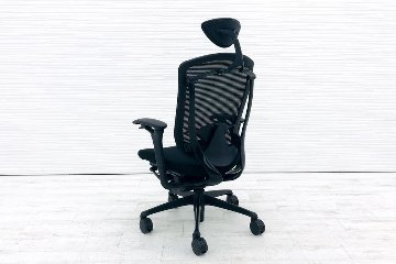 オカムラ コンテッサチェア 中古 コンテッサ ヘッドレスト付 ブラックフレーム クッション 中古オフィス家具 高機能チェア ブラックの画像