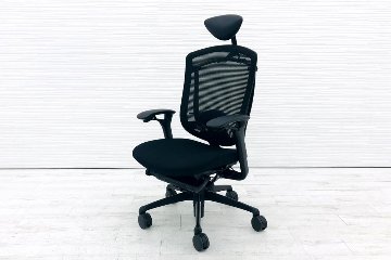 オカムラ コンテッサチェア 中古 コンテッサ ヘッドレスト付 ブラックフレーム クッション 中古オフィス家具 高機能チェア ブラックの画像