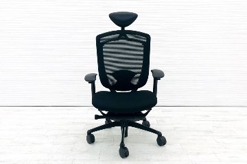 オカムラ コンテッサチェア 中古 コンテッサ ヘッドレスト付 ブラックフレーム クッション 中古オフィス家具 高機能チェア ブラックの画像