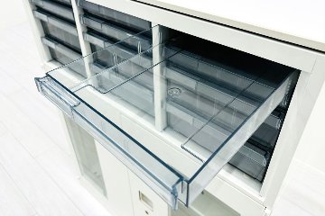 中古 オカムラ レクトライン 【上下セット】クリスタルトレイキャビネット A4浅型深型 4段３列 ガラス書庫 ホワイト クリスタルケース 中古オフィス家具 900/450/1120の画像