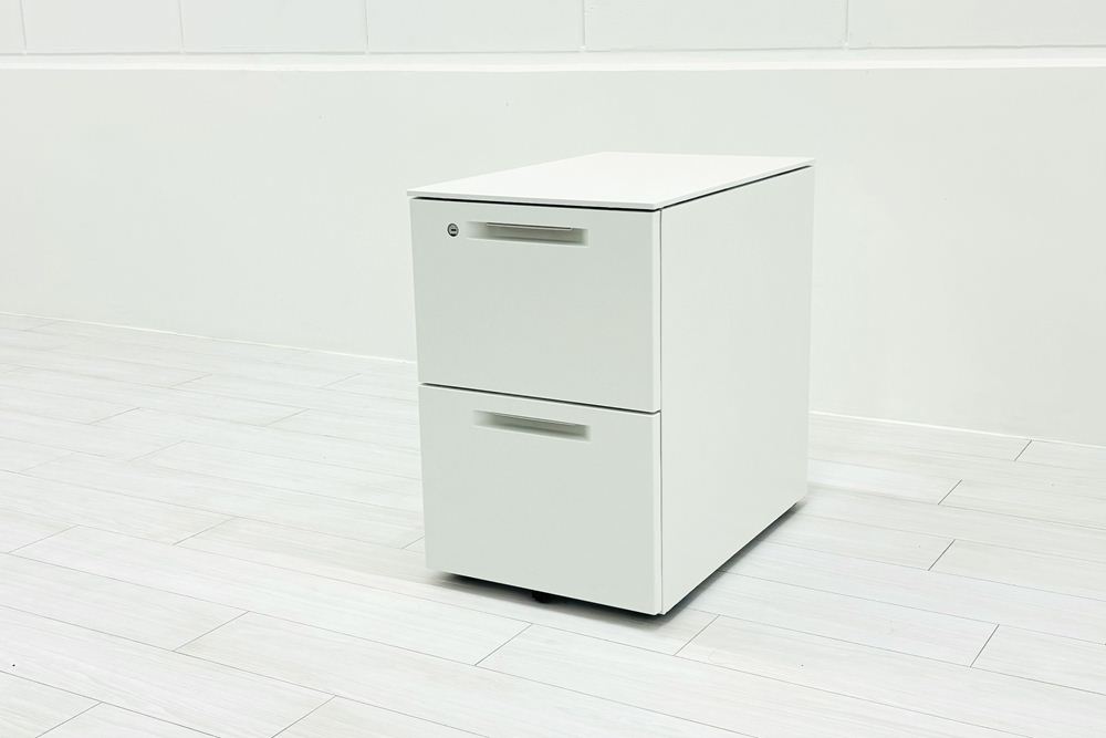 コクヨ ISシリーズ 2段ワゴン 中古 キャビネット 収納家具 袖机 脇机 ホワイト ワゴン2段 中古オフィス家具 シリンダー錠 395/602/600の画像