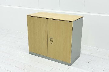 オカムラ レクトライン 2段両開き書庫 中古 スチール書庫 キャビネット 中古オフィス家具 ネオウッドライト 900/450/775 シリンダー錠の画像