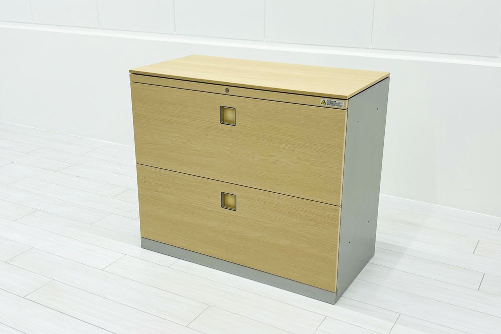 オカムラ レクトライン 2段ラテラル書庫 中古 スチール書庫 キャビネット 中古オフィス家具 ネオウッドライト 900/450/775 シリンダー錠の画像