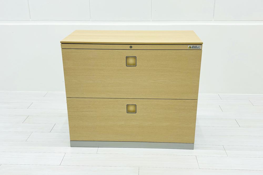 オカムラ レクトライン 2段ラテラル書庫 中古 スチール書庫 キャビネット 中古オフィス家具 ネオウッドライト 900/450/775 シリンダー錠の画像