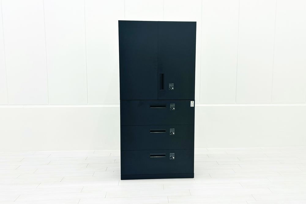 コクヨ エディア 【上下セット】 スチール書庫 3段ラテラル書庫 両開き書庫 中古 収納家具 中古オフィス家具 ブラック ダイヤル錠 900/450/1890の画像