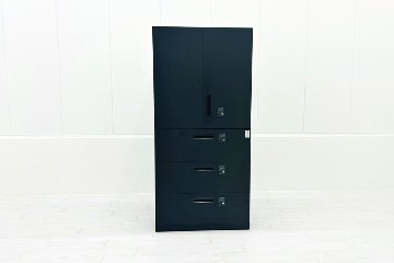 コクヨ エディア 【上下セット】 スチール書庫 3段ラテラル書庫 両開き書庫 中古 収納家具 中古オフィス家具 ブラック ダイヤル錠 900/450/1890の画像
