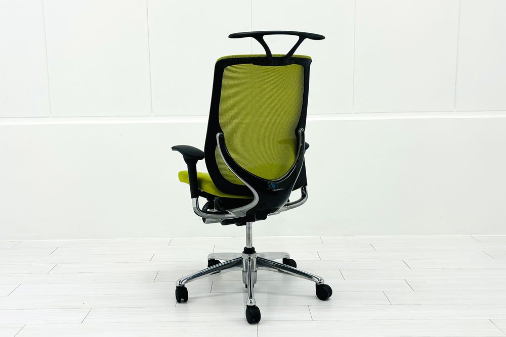【ポリッシュ脚ピカピカ磨き有！】オカムラ ゼファーチェア 中古 中古オフィス家具 Zephyr 座クッション 背メッシュ 可動肘 グリーンの画像