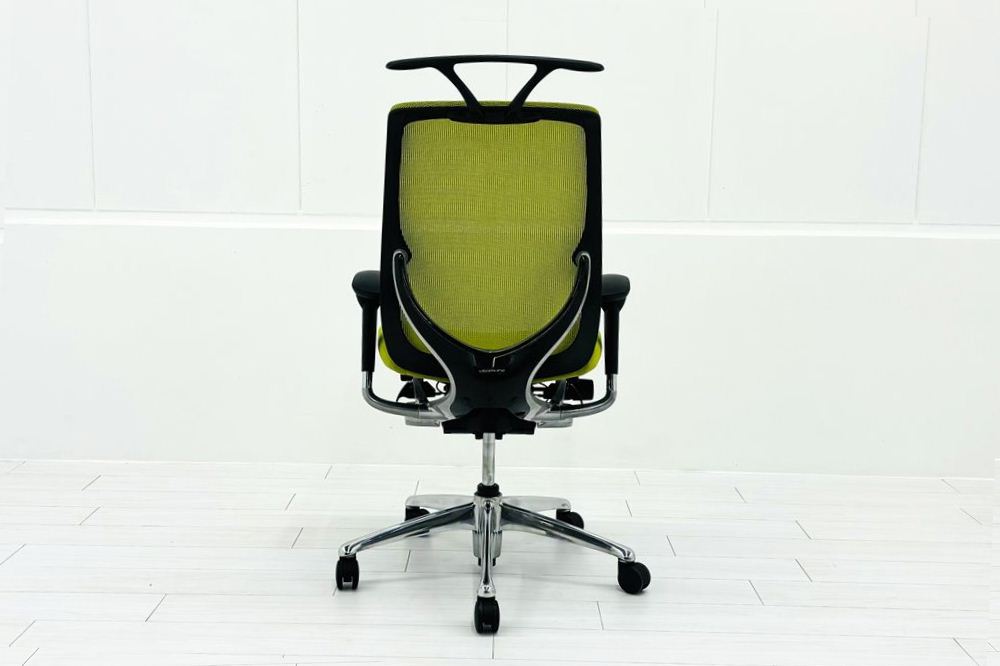 【ポリッシュ脚ピカピカ磨き有！】オカムラ ゼファーチェア 中古 中古オフィス家具 Zephyr 座クッション 背メッシュ 可動肘 グリーンの画像