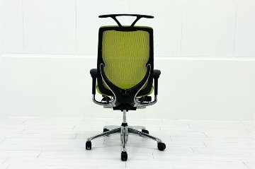 【ポリッシュ脚ピカピカ磨き有！】オカムラ ゼファーチェア 中古 中古オフィス家具 Zephyr 座クッション 背メッシュ 可動肘 グリーンの画像