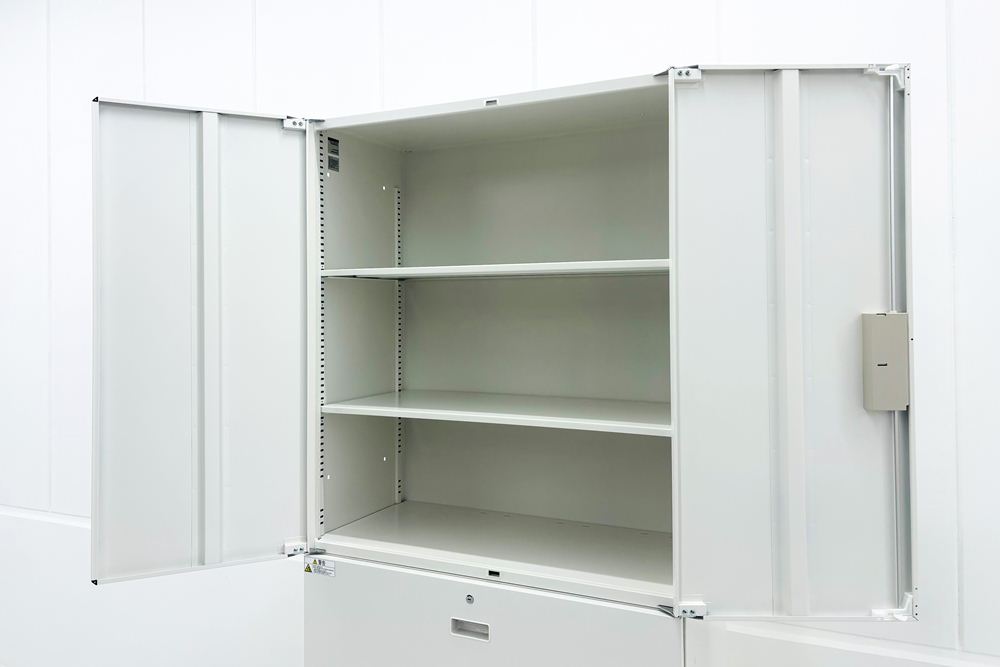 イトーキ シンラインキャビネット 中古 上下セット 3段ラテラル+両開き書庫 キャビネット ホワイト シリンダー錠 900/450/2135の画像