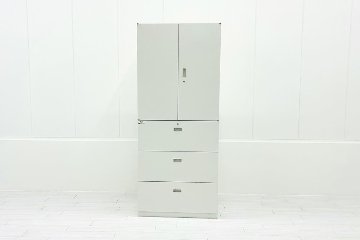 イトーキ シンラインキャビネット 中古 上下セット 3段ラテラル+両開き書庫 キャビネット ホワイト シリンダー錠 900/450/2135の画像