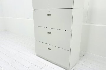 イトーキ シンラインキャビネット 中古 上下セット 3段ラテラル+両開き書庫 キャビネット ホワイト シリンダー錠 900/450/2135の画像