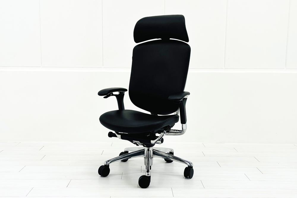 【ポリッシュ脚ピカピカ磨き有！】オカムラ コンテッサ 中古 大型ヘッドレスト付 OKAMURA Contessa 中古オフィス家具 ブラック 革 レザーの画像