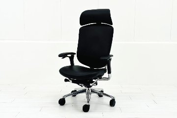 【ポリッシュ脚ピカピカ磨き有！】オカムラ コンテッサ 中古 大型ヘッドレスト付 OKAMURA Contessa 中古オフィス家具 ブラック 革 レザーの画像