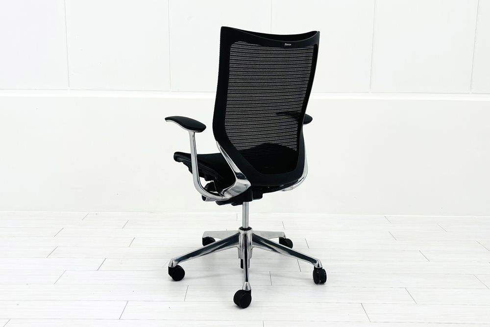 【ポリッシュ脚ピカピカ磨き有！】Baron Chair バロンチェア オカムラ 中古 固定肘 中古オフィス家具 ハイバックメッシュ ブラックの画像