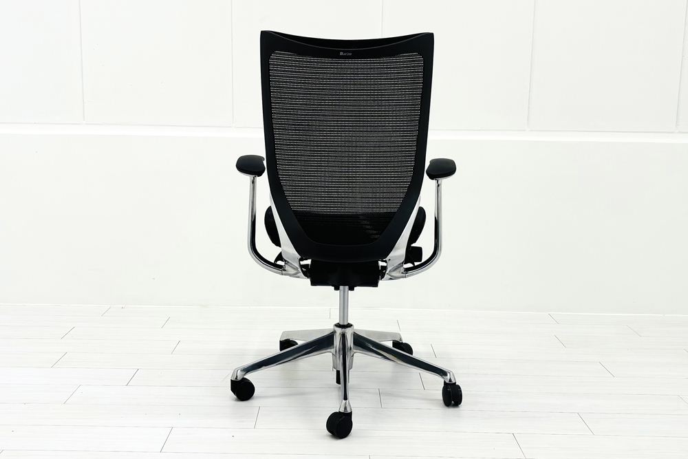 【ポリッシュ脚ピカピカ磨き有！】Baron Chair バロンチェア オカムラ 中古 固定肘 中古オフィス家具 ハイバックメッシュ ブラックの画像