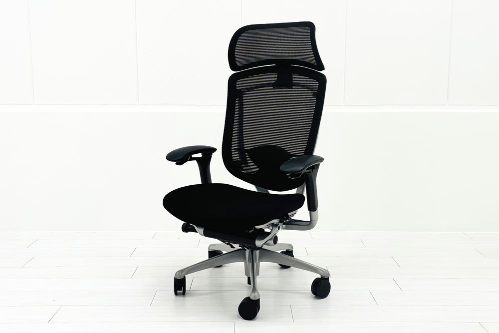 オカムラ コンテッサチェア 中古 エクストラハイバック 大型ヘッドレスト Contessa 中古オフィス家具 ブラックの画像