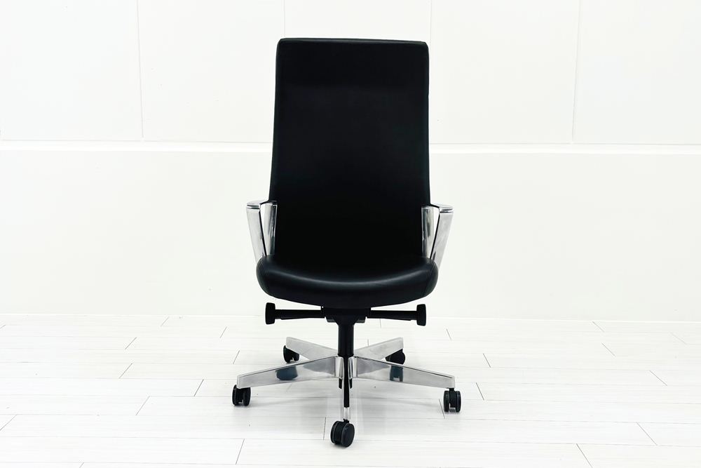 【ポリッシュ脚ピカピカ磨き有！】 ノール Knoll ノル リミックスチェア 中古 2020年製 ハイバック アルミループ肘 アルミミラー脚 ブラック レザーの画像