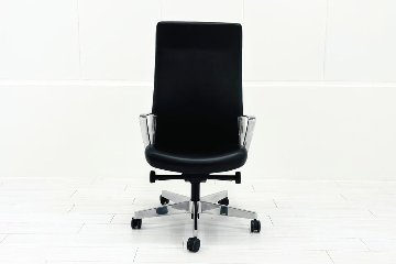 【ポリッシュ脚ピカピカ磨き有！】 ノール Knoll ノル リミックスチェア 中古 2020年製 ハイバック アルミループ肘 アルミミラー脚 ブラック レザーの画像