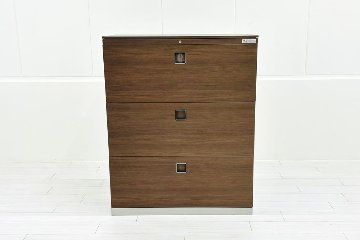 オカムラ レクトライン 3段ラテラル書庫 スチール 中古 キャビネット スチール書庫 中古オフィス家具 ネオウッドダーク シリンダー錠 900/450/1120の画像