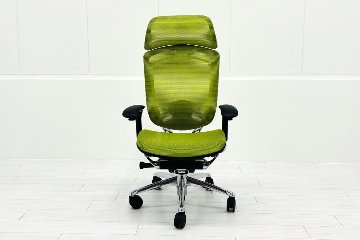 【ポリッシュ脚ピカピカ磨き有！】オカムラ コンテッサチェア 中古 2016年製 エクストラハイバック メッシュ 大型ヘッドレスト 中古オフィス家具 ライムグリーンの画像