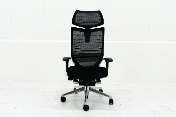 【ポリッシュ脚ピカピカ磨き有！】バロンチェア 中古 2023年製 オカムラ グラデーションメッシュ エクストラハイバック 可動肘 中古オフィス家具 可動ヘッドレスト ブラックの画像