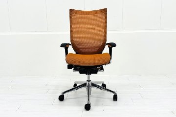 中古 バロンチェア オカムラ OKAMURA Baron 中古オフィス家具 ハイバックメッシュ 可動肘 オレンジの画像