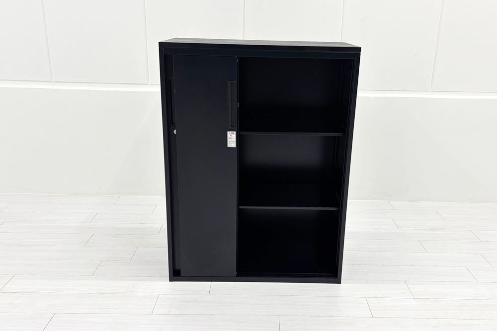 コクヨ エディア スライド書庫 中古 スチール書庫 ブラック 収納家具 引き違い書庫 中古オフィス家具 800/400/1070の画像