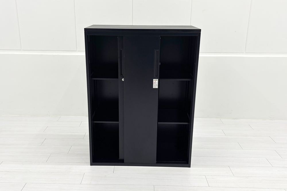 【未使用品】 コクヨ エディア スライド書庫 中古 スチール書庫 ブラック 収納家具 引き違い書庫 中古オフィス家具 800/400/1070の画像