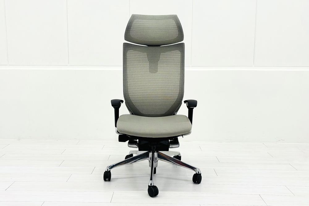 【ポリッシュ脚ピカピカ磨き有！】 オカムラ バロンチェア 中古 Baron エクストラハイバック 可動肘 中古オフィス家具 可動ヘッドレスト ライトグレーの画像