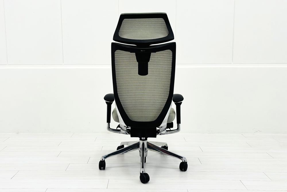 【ポリッシュ脚ピカピカ磨き有！】 オカムラ バロンチェア 中古 Baron エクストラハイバック 可動肘 中古オフィス家具 可動ヘッドレスト ライトグレーの画像