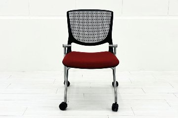 【4脚セット】 オカムラ グラータチェア 中古 ネスティングチェア ミーティングチェア 肘無 中古オフィス家具 レッドの画像
