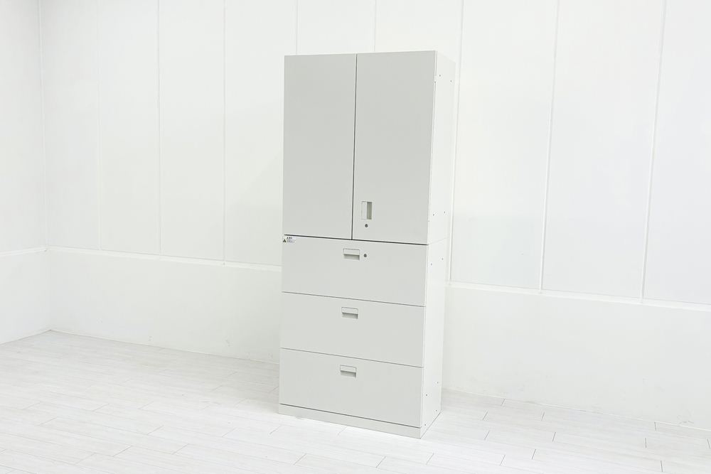 イトーキ eSキャビネット(エスキャビネット)ト 中古 上下セット 3段ラテラル+両開き書庫 キャビネット ホワイト シリンダー錠 900/450/2135の画像