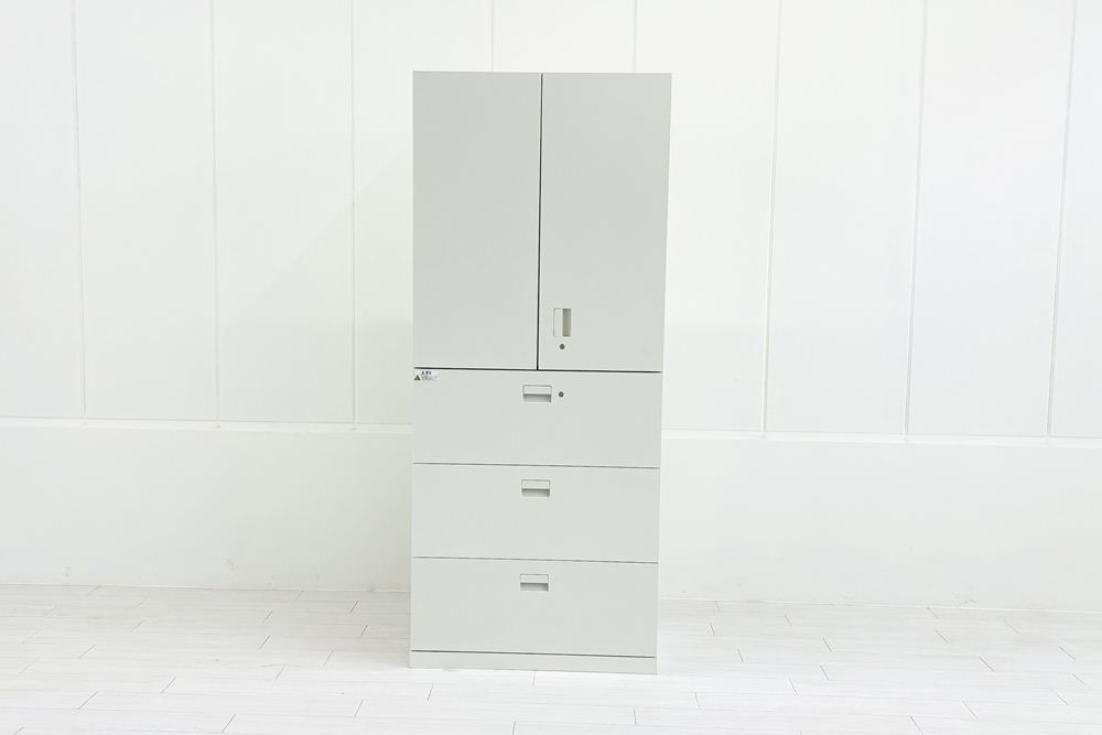 イトーキ eSキャビネット(エスキャビネット)ト 中古 上下セット 3段ラテラル+両開き書庫 キャビネット ホワイト シリンダー錠 900/450/2135の画像