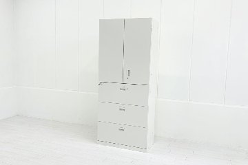イトーキ eSキャビネット(エスキャビネット)ト 中古 上下セット 3段ラテラル+両開き書庫 キャビネット ホワイト シリンダー錠 900/450/2135の画像