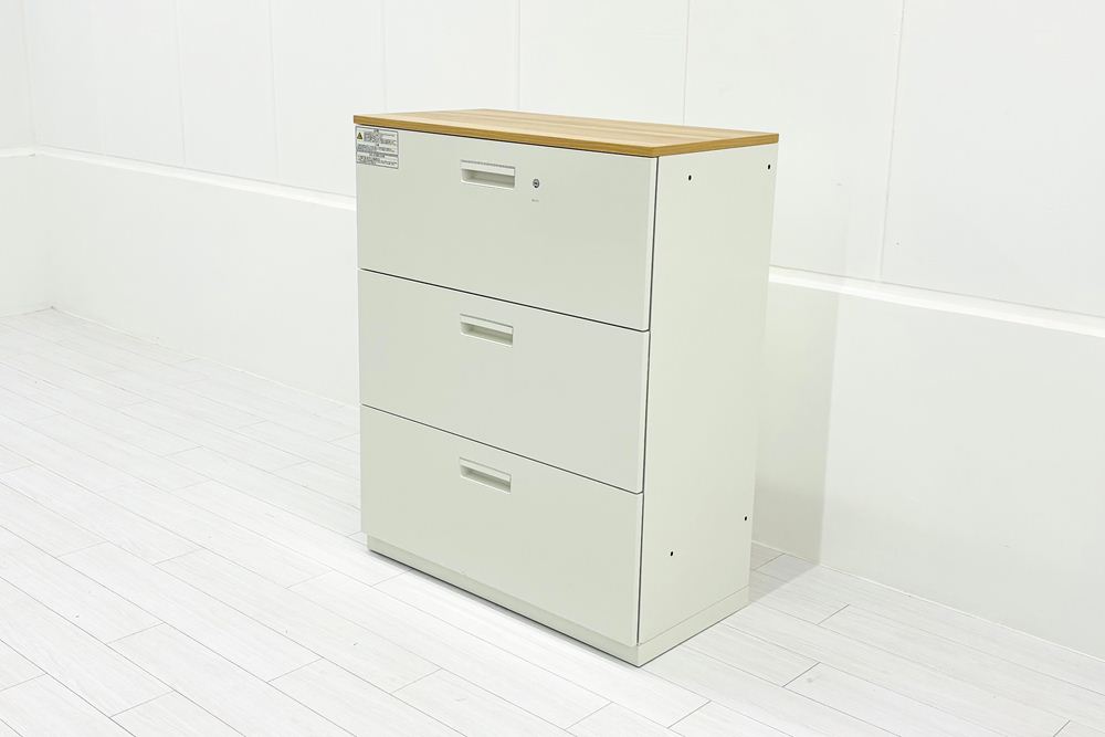 中古キャビネット 3段ラテラル(引き出し)書庫 プラス ホワイト キャビネット 中古オフィス家具 900/450/1125の画像