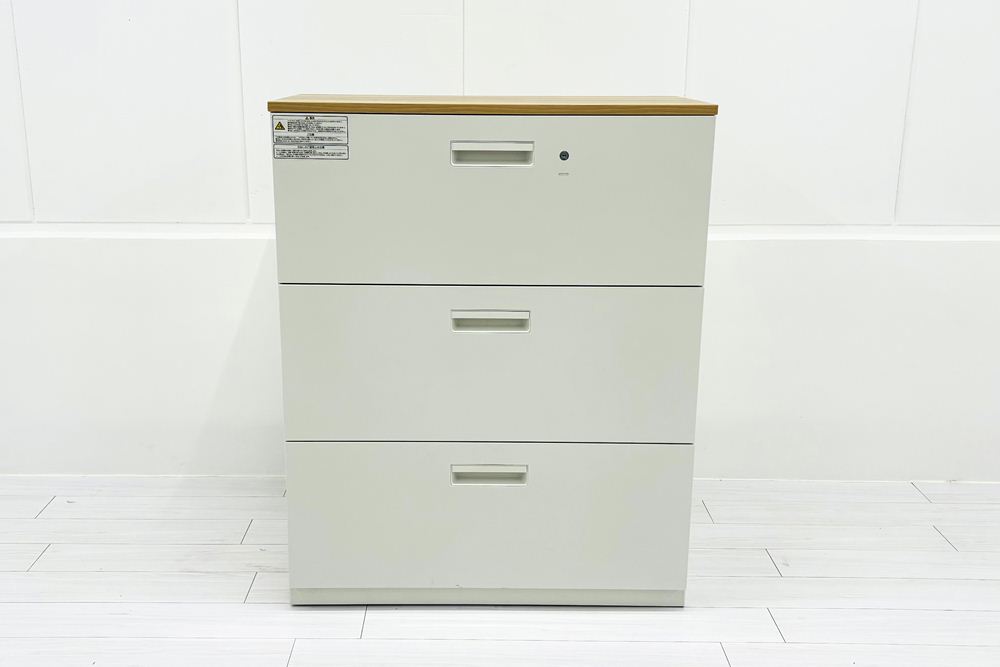 中古キャビネット 3段ラテラル(引き出し)書庫 プラス ホワイト キャビネット 中古オフィス家具 900/450/1125の画像