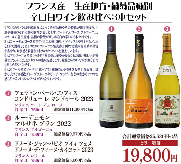 フランス産　生産地方・葡萄品種別、辛口白ワイン飲み比べ3本セットの画像
