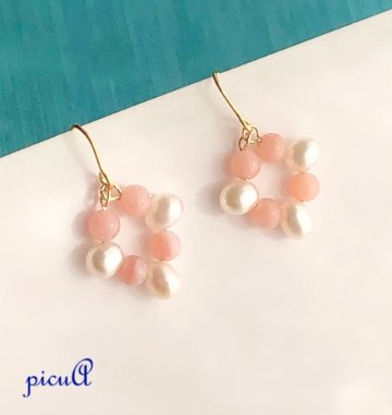ピンクオパールと淡水パールのピアス(イヤリング)の画像