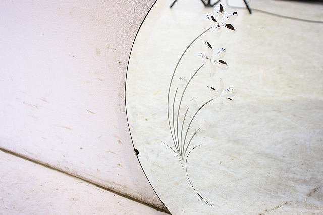 mr-3　1960年代 イギリス製 アンティーク　アールデコ　お花　カットガラス　丸型　壁掛け鏡　ウォールミラー画像