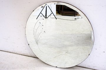 mr-3　1960年代 イギリス製 アンティーク　アールデコ　お花　カットガラス　丸型　壁掛け鏡　ウォールミラー画像