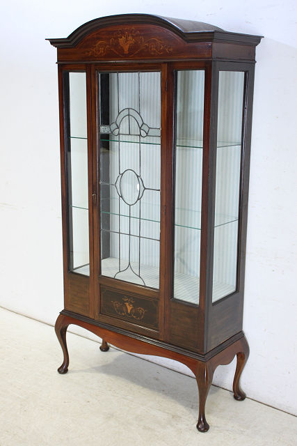 ce-63　1890年代イギリス製 アンティーク　ビクトリアン　マホガニー　木嵌細工　ステンドグラス　キャビネット画像