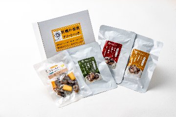 【牡蠣の佃煮アソートパック】　かきっこと椎茸のこく旨煮55g・かきっこと山椒のピリ旨煮55g・かきっこと生姜のあま辛煮55g・すもーくおいちー25gの画像