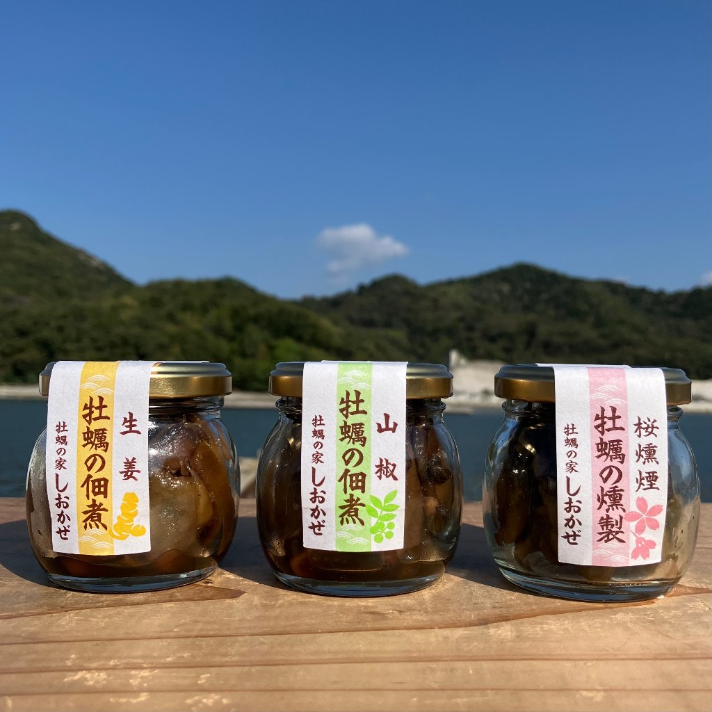 【だるま瓶セット】牡蠣の燻製(桜燻煙)45g・牡蠣の佃煮(山椒)60g・牡蠣の佃煮(生姜)60gの画像
