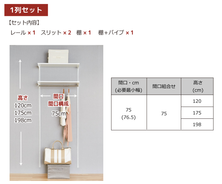 【クローゼット収納セットC 1列 3尺 幅75cm】※高さが選べます※の画像