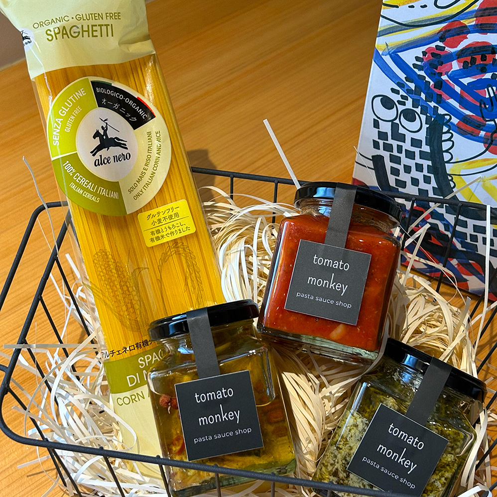 パスタソース瓶詰め 3点セット＆グルテンフリーパスタ（送料込み・ギフトボックス梱包）の画像