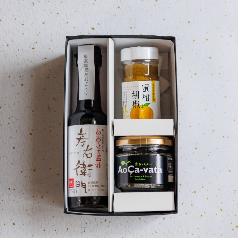 【送料無料】あおさ醤油・あおさバター・蜜柑胡椒 ギフト3点セットの画像